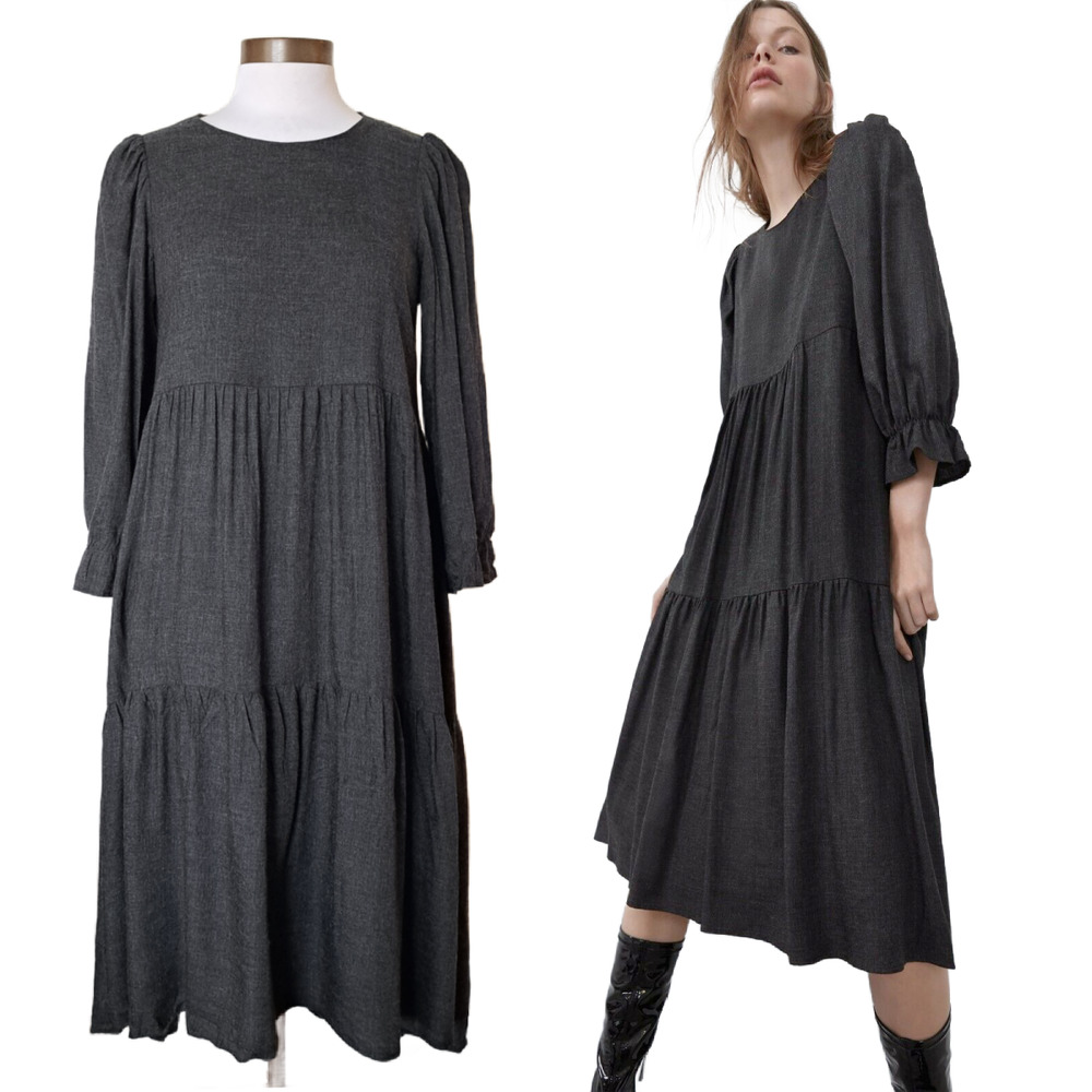 ZARA Gray Tiered Pleated Midi Dress Size Medium